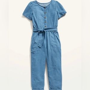 Old Navy Denim Blue Short-Sleeve Belted Jean Jumpsuit for Girls Size 6-7